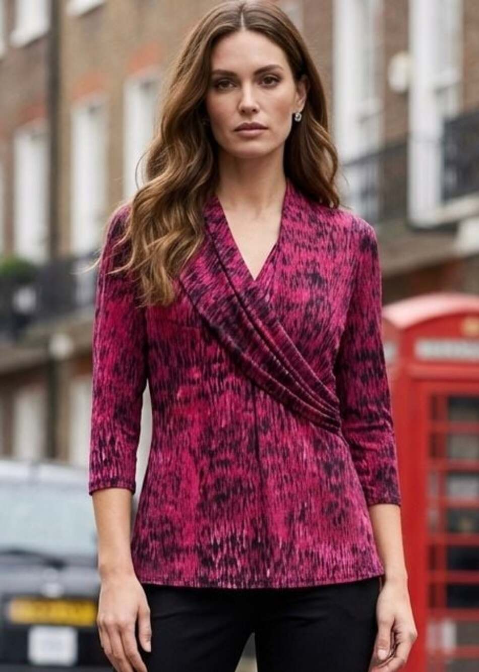 Chaus Pink Black Abstract Print Faux Wrap Surplice Top Size M - EK